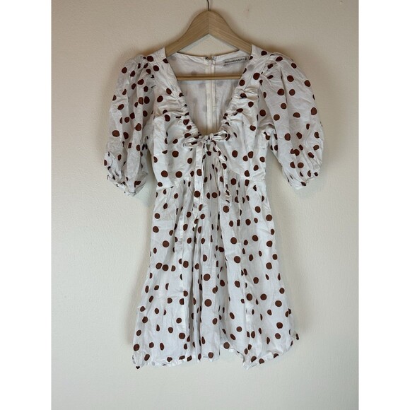 Abercrombie & Fitch XS Polka Dot Mini Dress Tie Cinch Front White Brown Puff - Picture 3 of 6